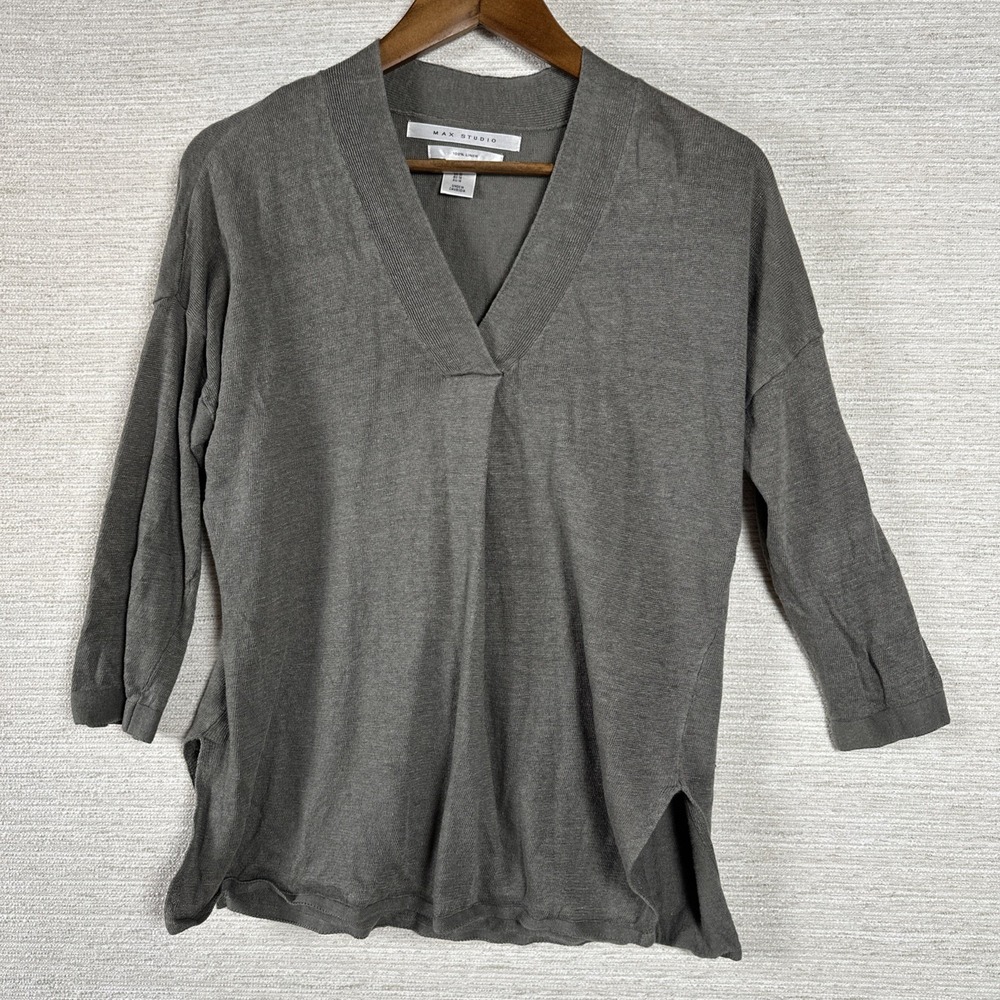 Max Studio Women 100% Linen Top Gray V Neck 3/4 Sleeve Lightweight Blouse Size M